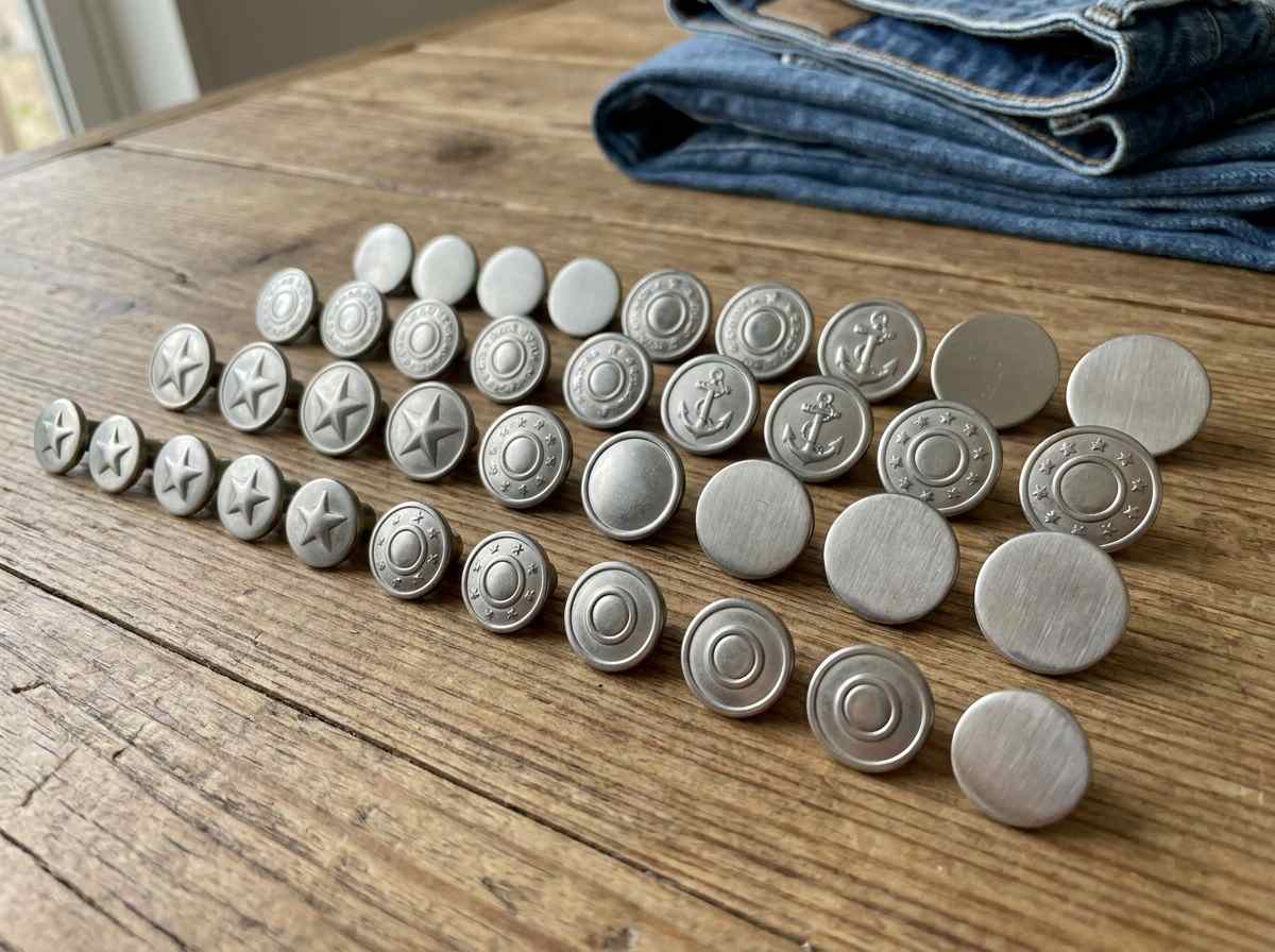 metal button jeans, Metal button jeans with star, anchor, circular and plain designs are arranged on a wooden table beside folded denim garments.